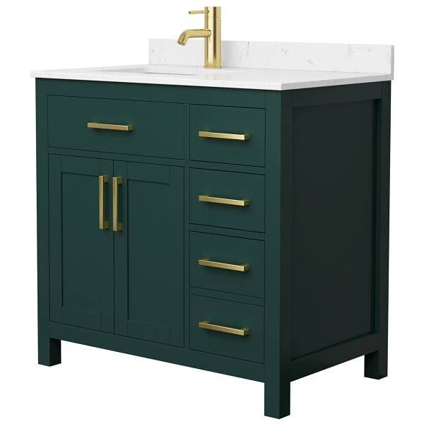 Wyndham Beckett 36" Green Single Vanity, Carrara Marble Top, Gold Trim