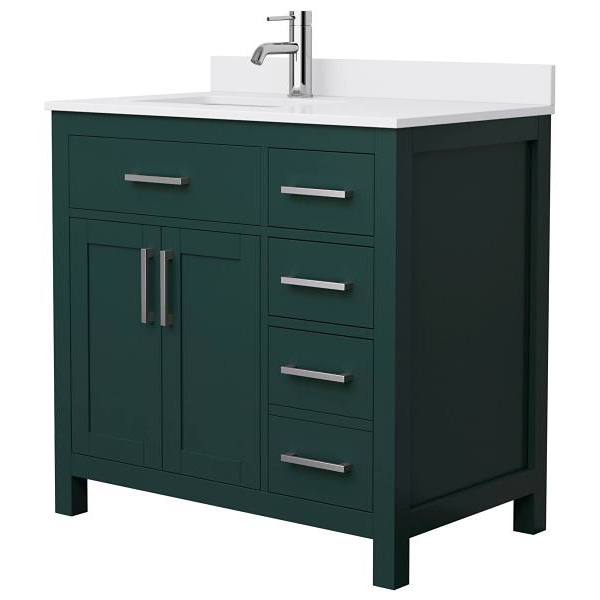 Wyndham Beckett 36" Green Single Vanity, White Marble Top, Nickel Trim