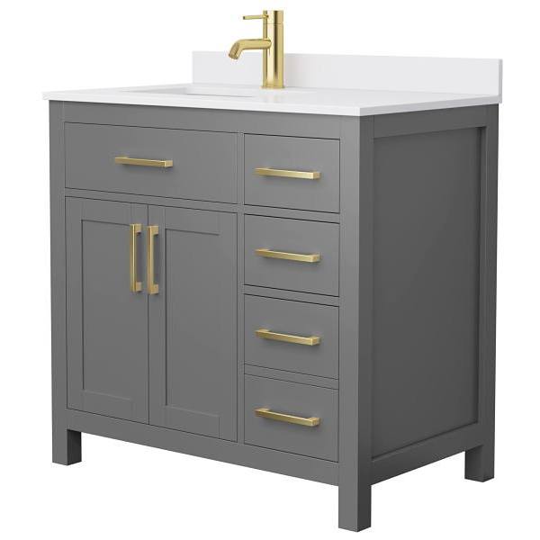 Wyndham Beckett 36" Dark Gray Single Vanity, White Marble Top, Gold Trim