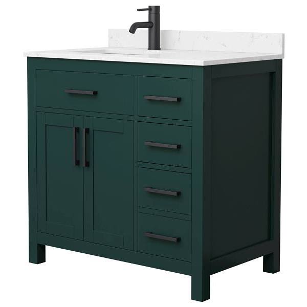 Wyndham Beckett 36" Green Single Vanity, Carrara Marble Top, Black Trim