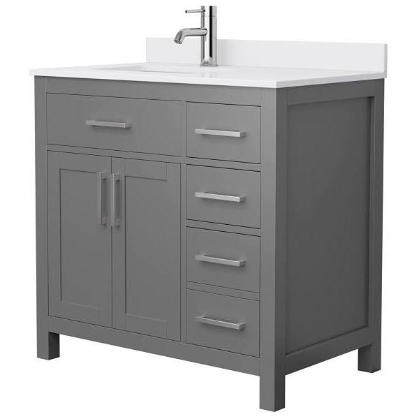 Wyndham Beckett 36" Dark Gray Single Vanity, White Marble Top, Nickel Trim