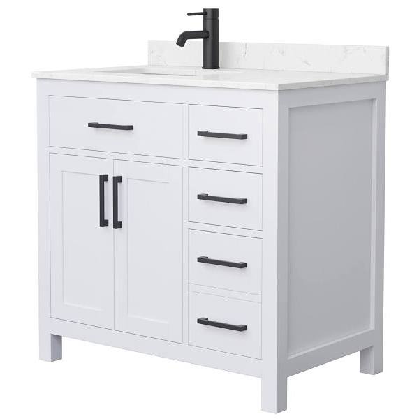 Wyndham Beckett 36" White Single Vanity, Carrara Marble Top, Black Trim