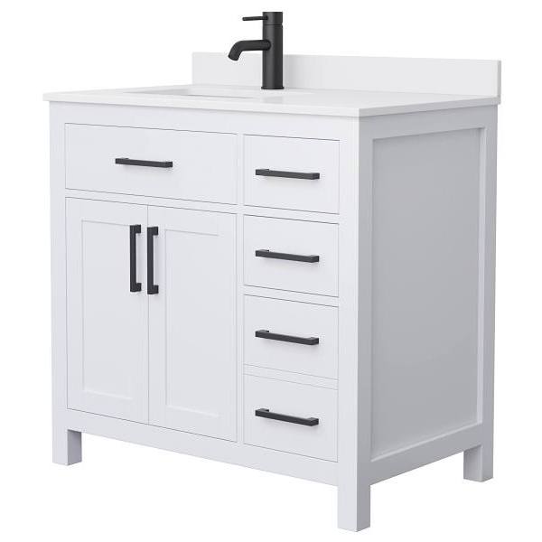 Wyndham Beckett 36" White Single Vanity, White Marble Top, Black Trim