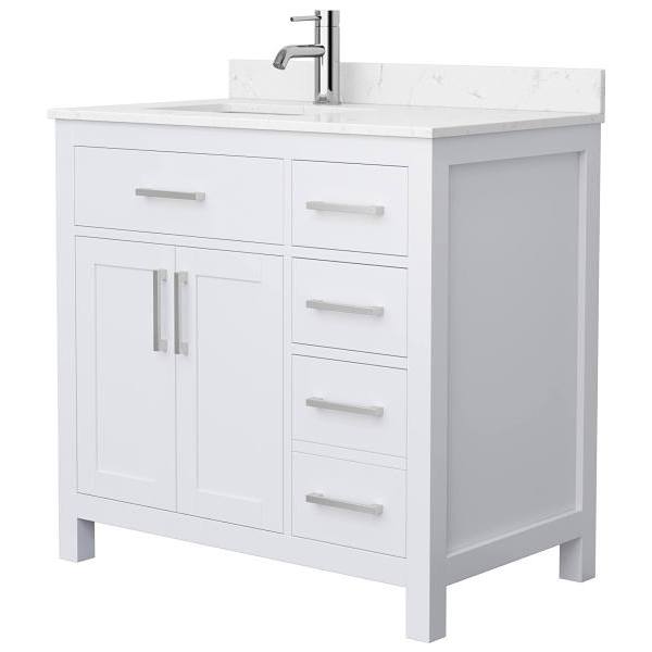 Wyndham Beckett 36" White Single Vanity, Carrara Marble Top, Nickel Trim
