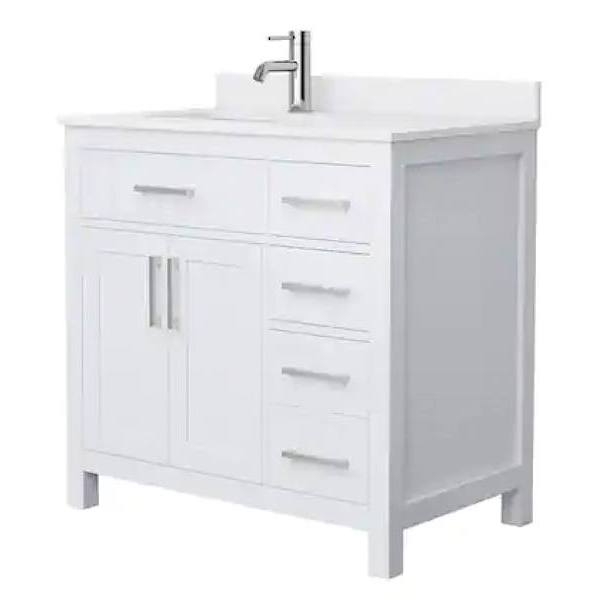 Wyndham Beckett 36" White Single Vanity, White Marble Top, Nickel Trim