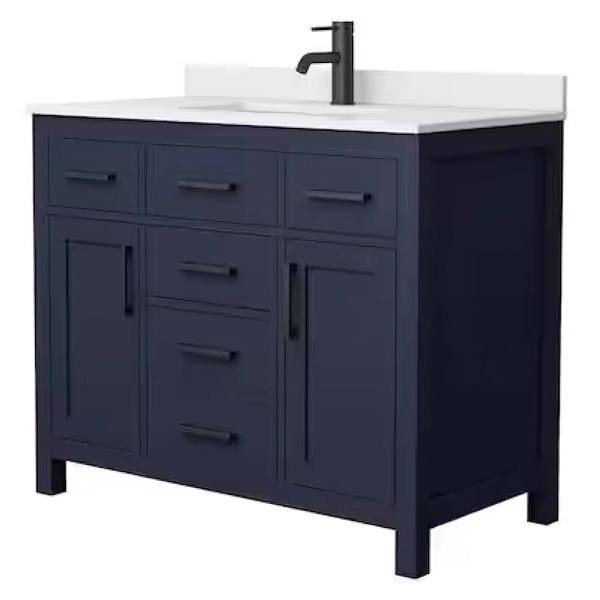 Wyndham Beckett 42" Dark Blue Single Vanity, White Marble Top, Black Trim