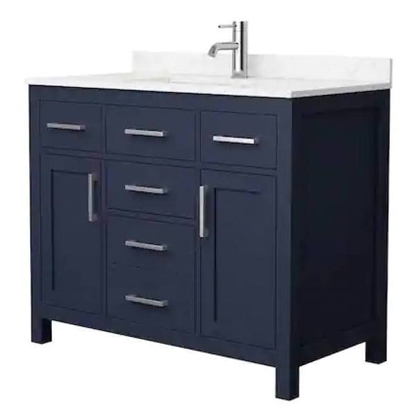Wyndham Beckett 42" Dark Blue Single Vanity, Carrara Marble Top, Nickel Trim