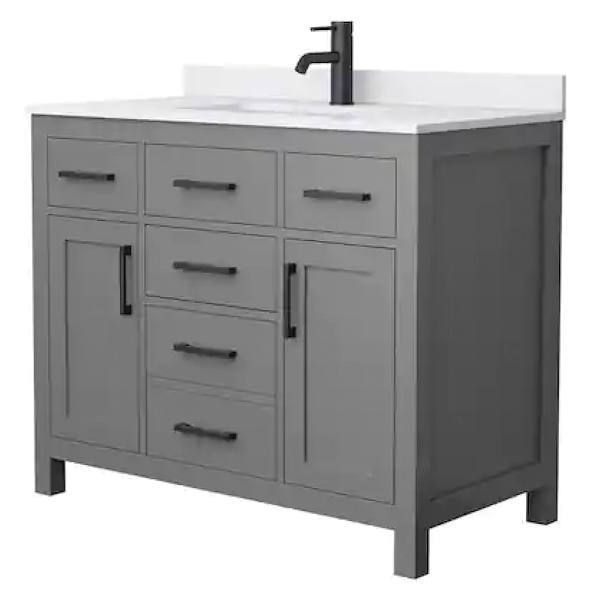 Wyndham Beckett 42" Dark Gray Single Vanity, White Marble Top, Black Trim
