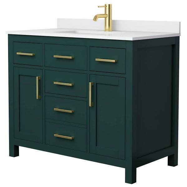 Wyndham Beckett 42" Green Single Vanity, White Marble Top, Gold Trim