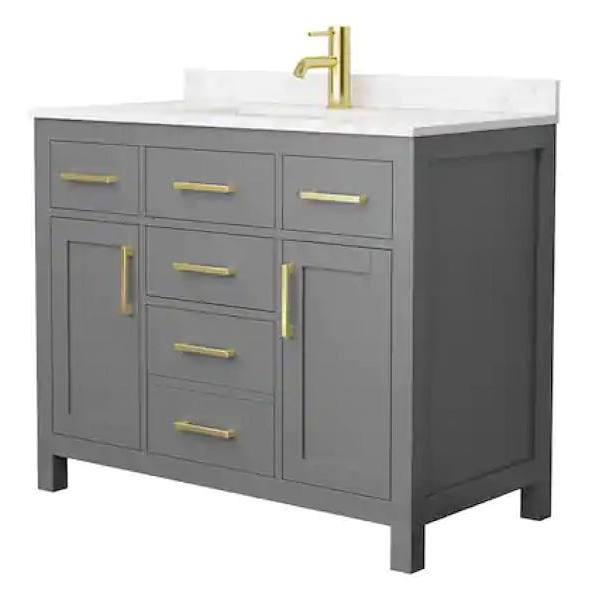 Wyndham Beckett 42" Dark Gray Single Vanity, Carrara Marble Top, Gold Trim