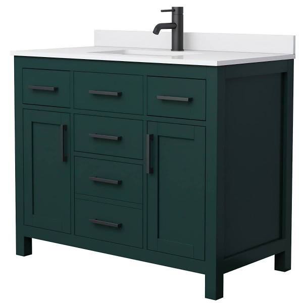 Wyndham Beckett 42" Green Single Vanity, White Marble Top, Black Trim
