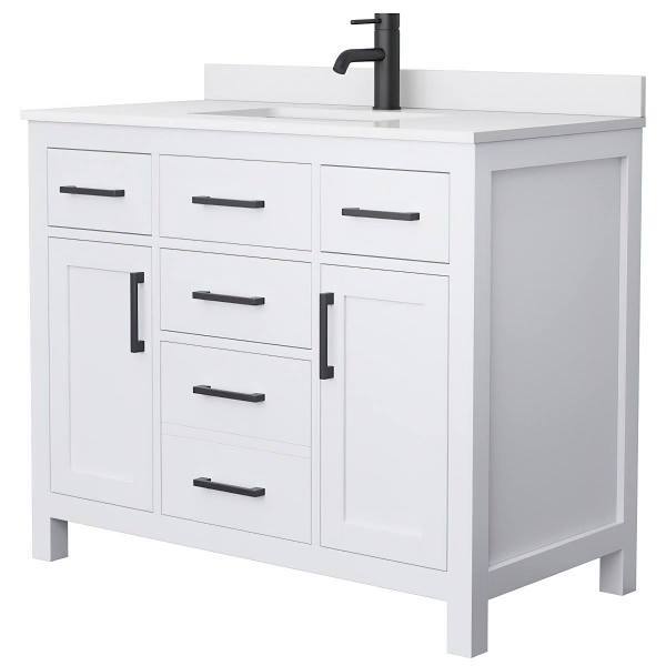 Wyndham Beckett 42" White Single Vanity, White Marble Top, Black Trim