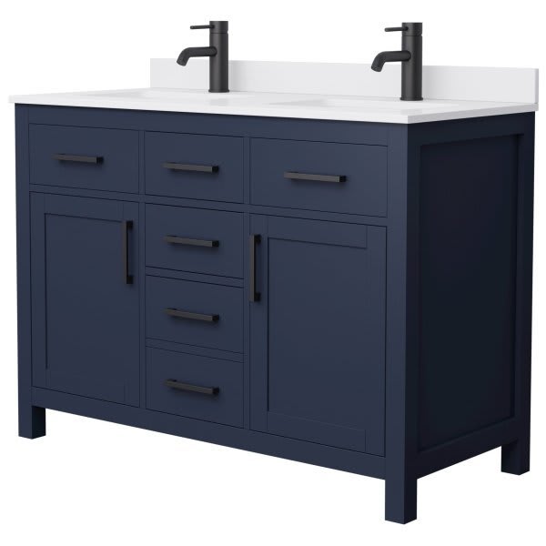 Wyndham Beckett 48" Dark Blue Double Vanity, White Marble Top, Black Trim