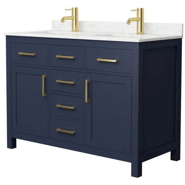 Wyndham Beckett 48" Dark Blue Double Vanity, Carrara Marble Top, Gold Trim
