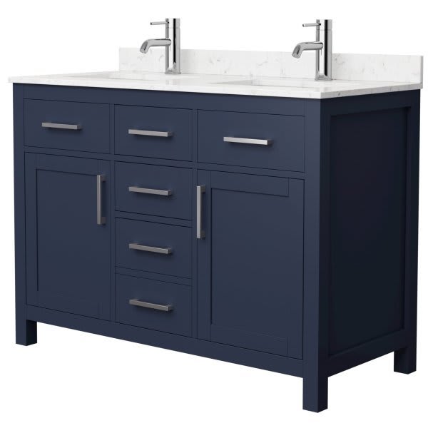 Wyndham Beckett 48" Dark Blue Double Vanity, Carrara Marble Top, Nickel Trim