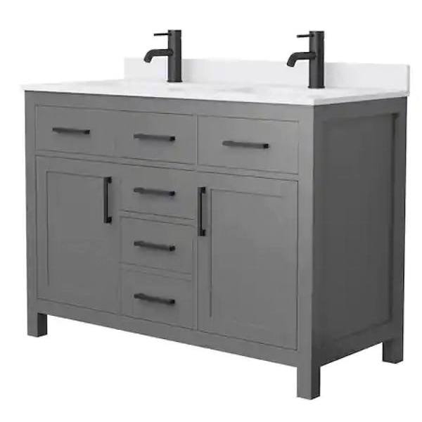 Wyndham Beckett 48" Dark Gray Double Vanity, White Marble Top, Black Trim