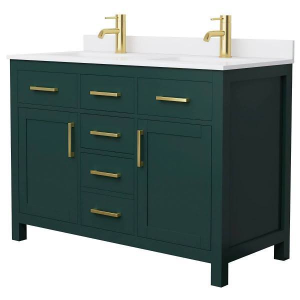 Wyndham Beckett 48" Green Double Vanity, White Marble Top, Gold Trim