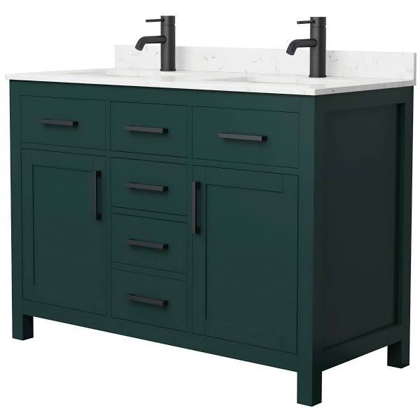Wyndham Beckett 48" Green Double Vanity, Carrara Marble Top, Black Trim