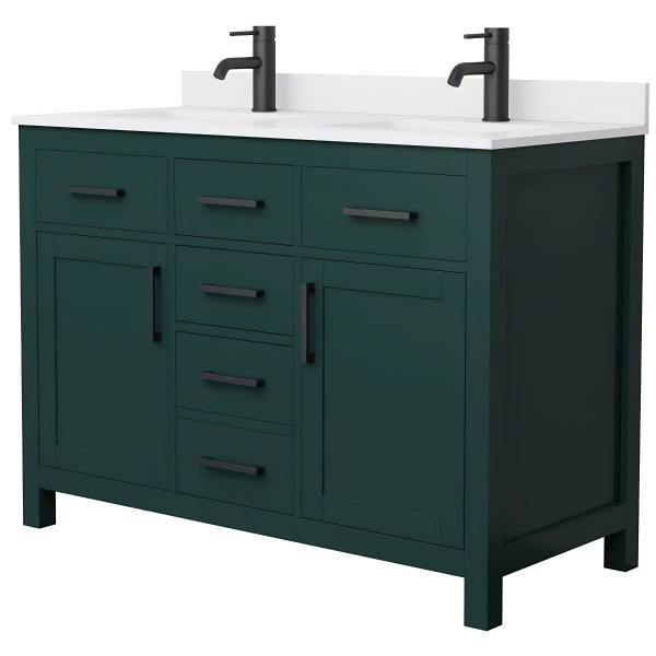 Wyndham Beckett 48" Green Double Vanity, White Marble Top, Black Trim