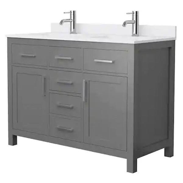 Wyndham Beckett 48" Dark Gray Double Vanity, White Marble Top, Nickel Trim