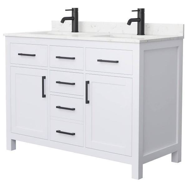 Wyndham Beckett 48" White Double Vanity, Carrara Marble Top, Black Trim