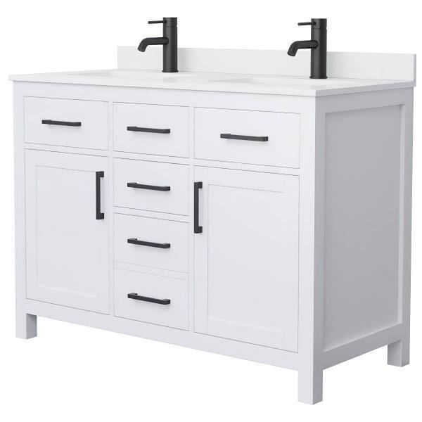 Wyndham Beckett 48" White Double Vanity, White Marble Top, Black Trim