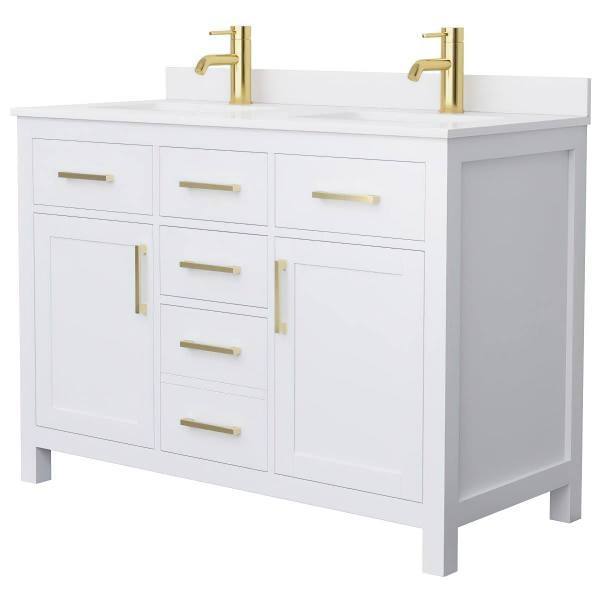 Wyndham Beckett 48" White Double Vanity, White Marble Top, Gold Trim