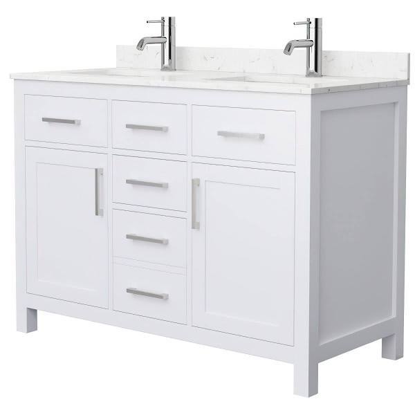 Wyndham Beckett 48" White Double Vanity, Carrara Marble Top, Nickel Trim