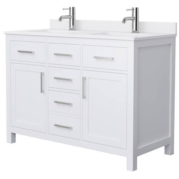 Wyndham Beckett 48" White Double Vanity, White Marble Top, Nickel Trim
