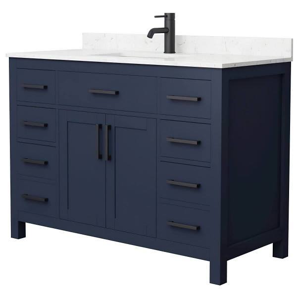 Wyndham Beckett 48" Dark Blue Single Vanity, Carrara Marble Top, Black Trim