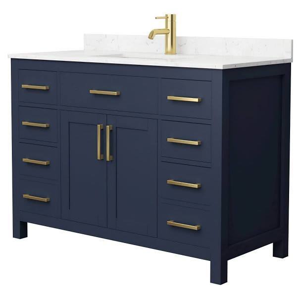 Wyndham Beckett 48" Dark Blue Single Vanity, Carrara Marble Top, Gold Trim