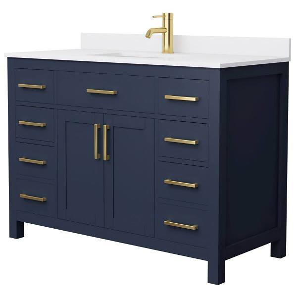 Wyndham Beckett 48" Dark Blue Single Vanity, White Marble Top, Gold Trim