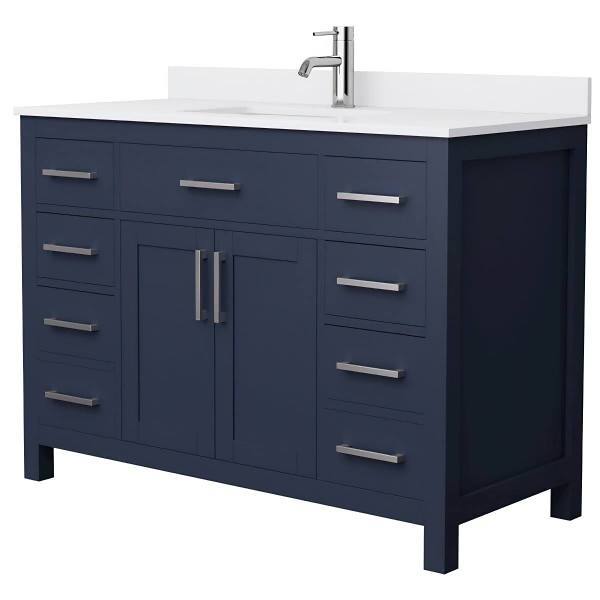 Wyndham Beckett 48" Dark Blue Single Vanity, White Marble Top, Nickel Trim