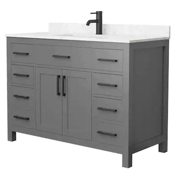 Wyndham Beckett 48" Dark Gray Single Vanity, Carrara Marble Top, Black Trim