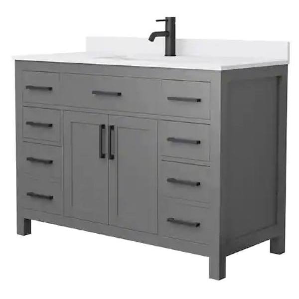 Wyndham Beckett 48" Dark Gray Single Vanity, White Marble Top, Black Trim
