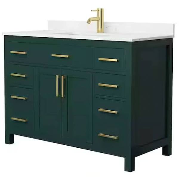 Wyndham Beckett 48" Green Single Vanity, Carrara Marble Top, Gold Trim