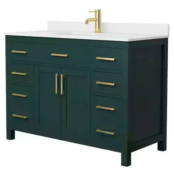 Wyndham Beckett 48" Green Single Vanity, White Marble Top, Gold Trim