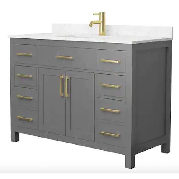 Wyndham Beckett 48" Dark Gray Single Vanity, Carrara Marble Top, Gold Trim