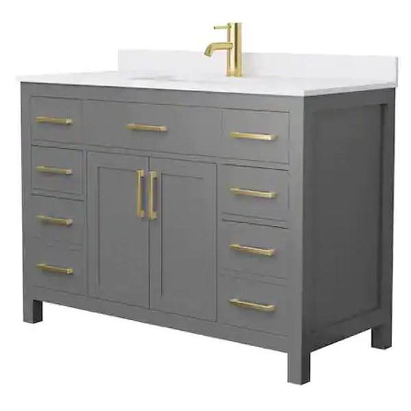 Wyndham Beckett 48" Dark Gray Single Vanity, White Marble Top, Gold Trim