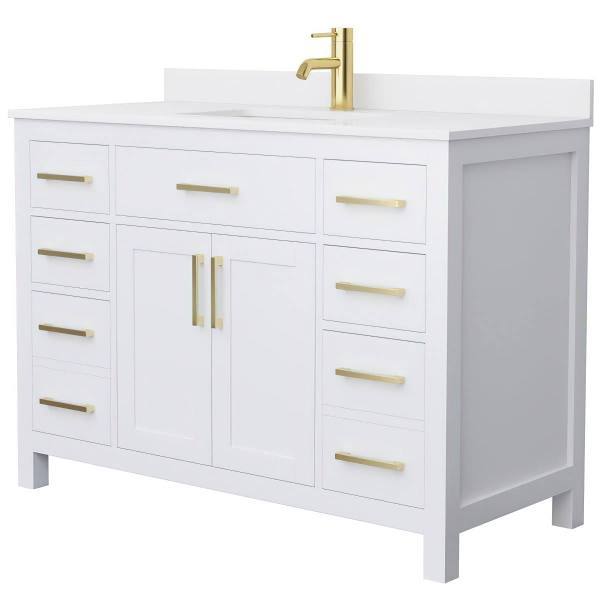 Wyndham Beckett 48" White Single Vanity, White Marble Top, Gold Trim