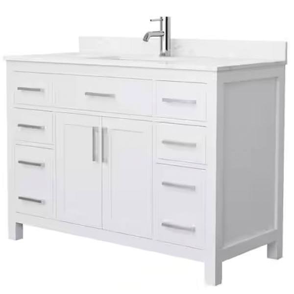Wyndham Beckett 48" White Single Vanity, Carrara Marble Top, Nickel Trim