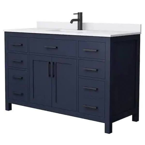 Wyndham Beckett 54" Dark Blue Single Vanity, White Marble Top, Black Trim