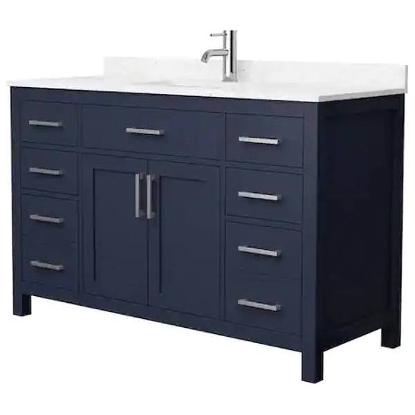 Wyndham Beckett 54" Dark Blue Single Vanity, Carrara Marble Top, Nickel Trim