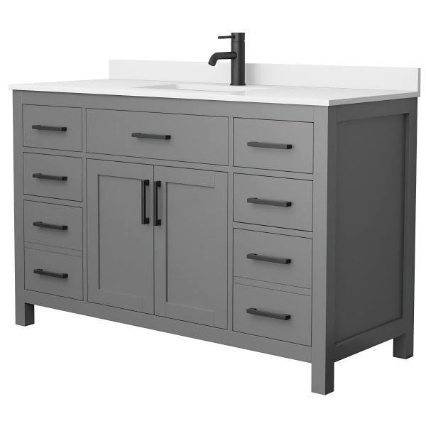 Wyndham Beckett 54" Dark Gray Single Vanity, White Marble Top, Black Trim