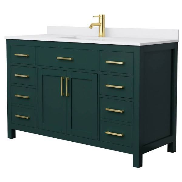 Wyndham Beckett 54" Green Single Vanity, White Marble Top, Gold Trim