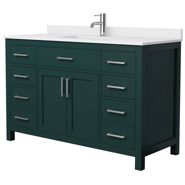Wyndham Beckett 54" Green Single Vanity, White Marble Top, Nickel Trim