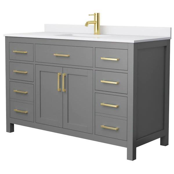 Wyndham Beckett 54" Dark Gray Single Vanity, White Marble Top, Gold Trim