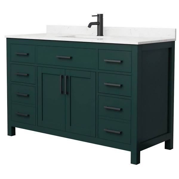 Wyndham Beckett 54" Green Single Vanity, Carrara Marble Top, Black Trim