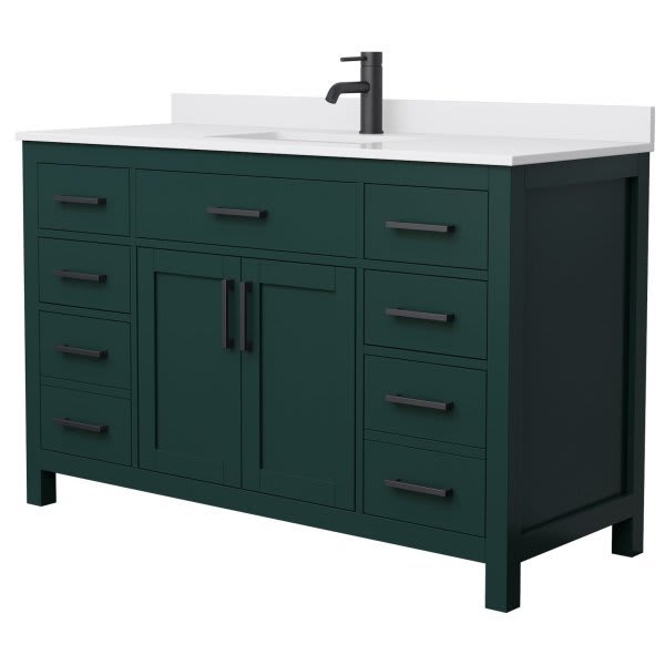 Wyndham Beckett 54" Green Single Vanity, White Marble Top, Black Trim