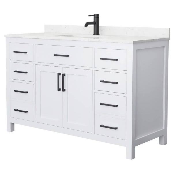 Wyndham Beckett 54" White Single Vanity, Carrara Marble Top, Black Trim